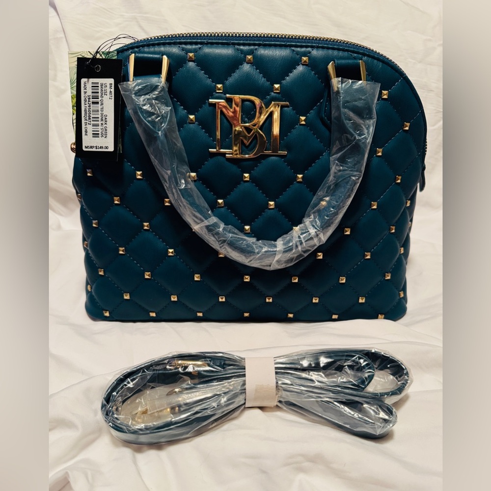 Badgley Mischka Teal Quilted Satchel with Gold Accents